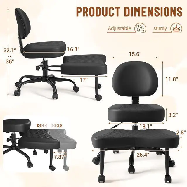 Alt view image 2 of 14 - Ergonomic Cross Legged Office Desk Chair with Wheels, 360° Swivel and Adjustable Height for Meditation and ADHD,Criss Cross Kneeling Chair with Lumbar Support (Leather, Black)