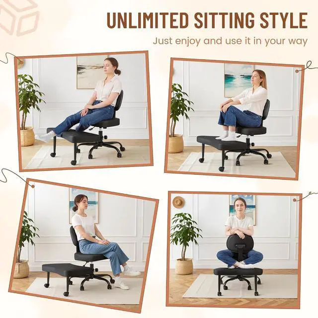 Alt view image 3 of 14 - Ergonomic Cross Legged Office Desk Chair with Wheels, 360° Swivel and Adjustable Height for Meditation and ADHD,Criss Cross Kneeling Chair with Lumbar Support (Leather, Black)