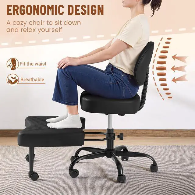 Alt view image 4 of 14 - Ergonomic Cross Legged Office Desk Chair with Wheels, 360° Swivel and Adjustable Height for Meditation and ADHD,Criss Cross Kneeling Chair with Lumbar Support (Leather, Black)