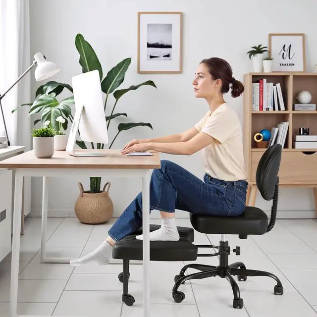 Alt view image 6 of 14 - Ergonomic Cross Legged Office Desk Chair with Wheels, 360° Swivel and Adjustable Height for Meditation and ADHD,Criss Cross Kneeling Chair with Lumbar Support (Leather, Black)