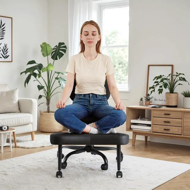 Alt view image 7 of 14 - Ergonomic Cross Legged Office Desk Chair with Wheels, 360° Swivel and Adjustable Height for Meditation and ADHD,Criss Cross Kneeling Chair with Lumbar Support (Leather, Black)