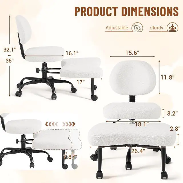 Alt view image 2 of 7 - Ergonomic Cross Legged Office Desk Chair with Wheels, 360° Swivel and Adjustable Height for Meditation and ADHD,Criss Cross Kneeling Chair with Lumbar Support (Teddy Fabric, White)
