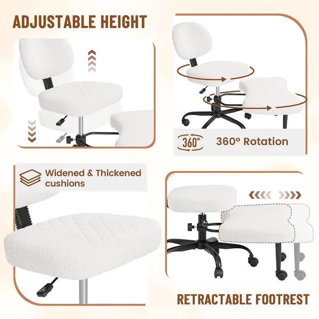 Alt view image 5 of 7 - Ergonomic Cross Legged Office Desk Chair with Wheels, 360° Swivel and Adjustable Height for Meditation and ADHD,Criss Cross Kneeling Chair with Lumbar Support (Teddy Fabric, White)