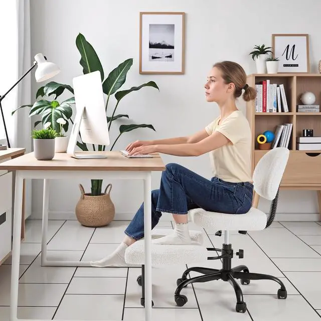 Alt view image 6 of 7 - Ergonomic Cross Legged Office Desk Chair with Wheels, 360° Swivel and Adjustable Height for Meditation and ADHD,Criss Cross Kneeling Chair with Lumbar Support (Teddy Fabric, White)