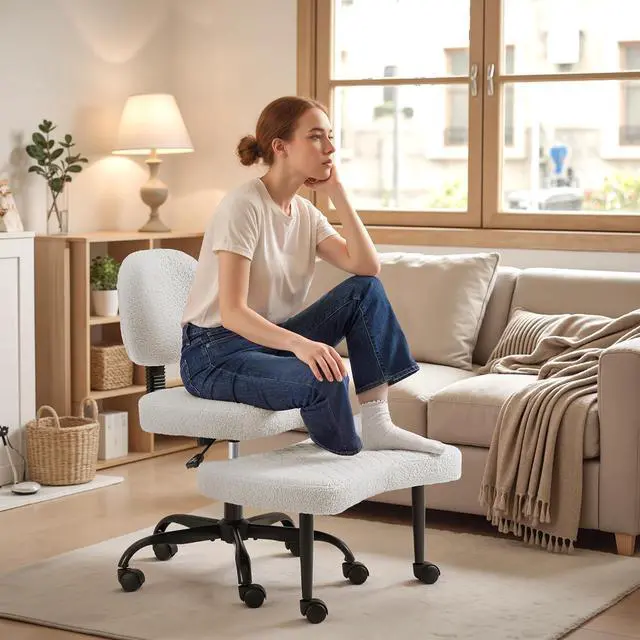 Main image of Ergonomic Cross Legged Office Desk Chair with Wheels, 360° Swivel and Adjustable Height for Meditation and ADHD,Criss Cross Kneeling Chair with Lumbar Support (Teddy Fabric, White)