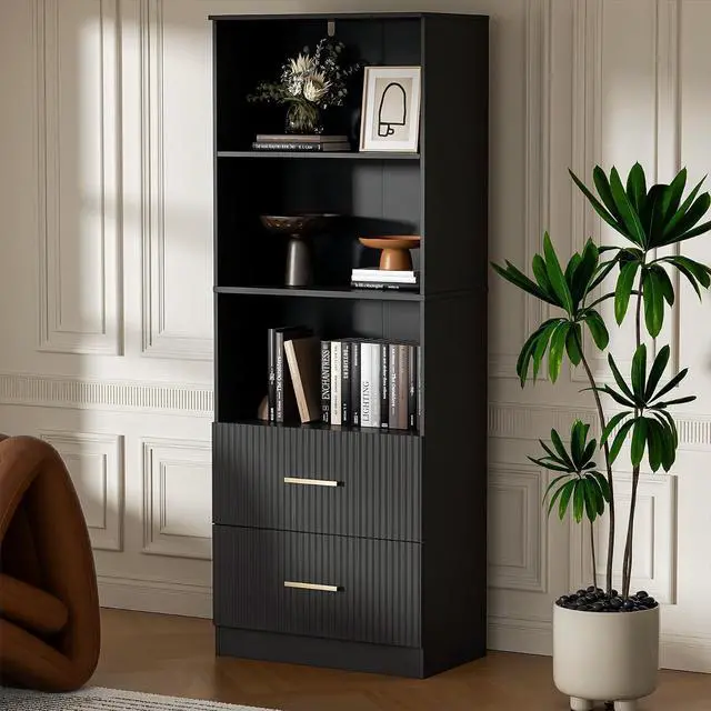 Main image of Black Bookshelf with Drawers, 63" Tall Bookshelf with Storage, 3 Shelf Modern Bookcase with Adjustable Shelf, Open Shelves Bookcase, Unique Book Shelf forHome Office, Living Room, Black