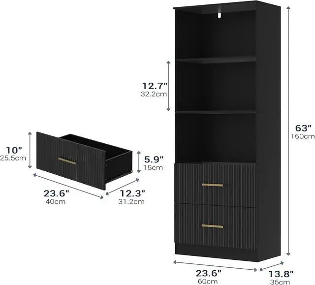 Alt view image 2 of 7 - Black Bookshelf with Drawers, 63" Tall Bookshelf with Storage, 3 Shelf Modern Bookcase with Adjustable Shelf, Open Shelves Bookcase, Unique Book Shelf forHome Office, Living Room, Black