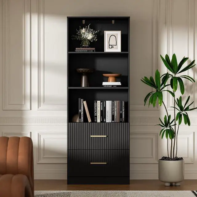 Alt view image 6 of 7 - Black Bookshelf with Drawers, 63" Tall Bookshelf with Storage, 3 Shelf Modern Bookcase with Adjustable Shelf, Open Shelves Bookcase, Unique Book Shelf forHome Office, Living Room, Black