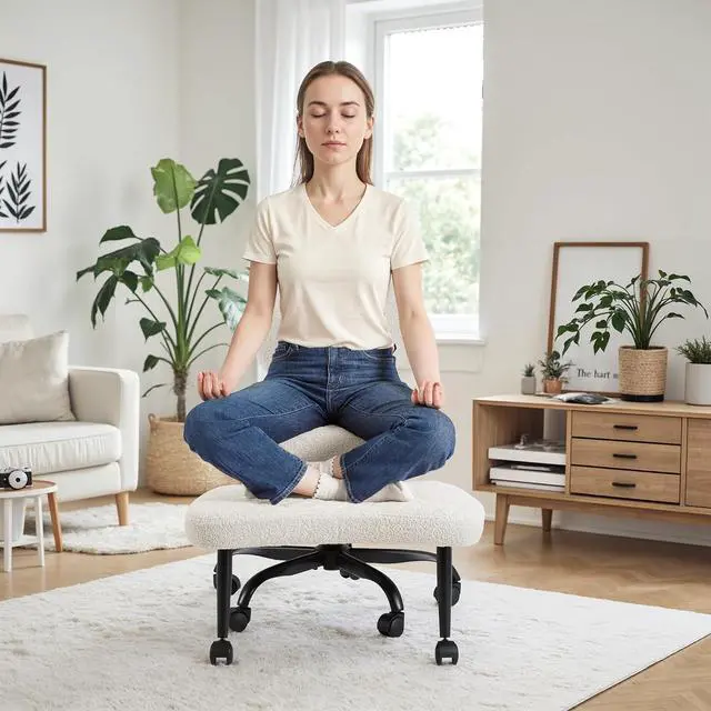 Alt view image 7 of 7 - Ergonomic Cross Legged Office Desk Chair with Wheels, 360° Swivel and Adjustable Height for Meditation and ADHD,Criss Cross Kneeling Chair with Lumbar Support (Teddy Fabric, White)