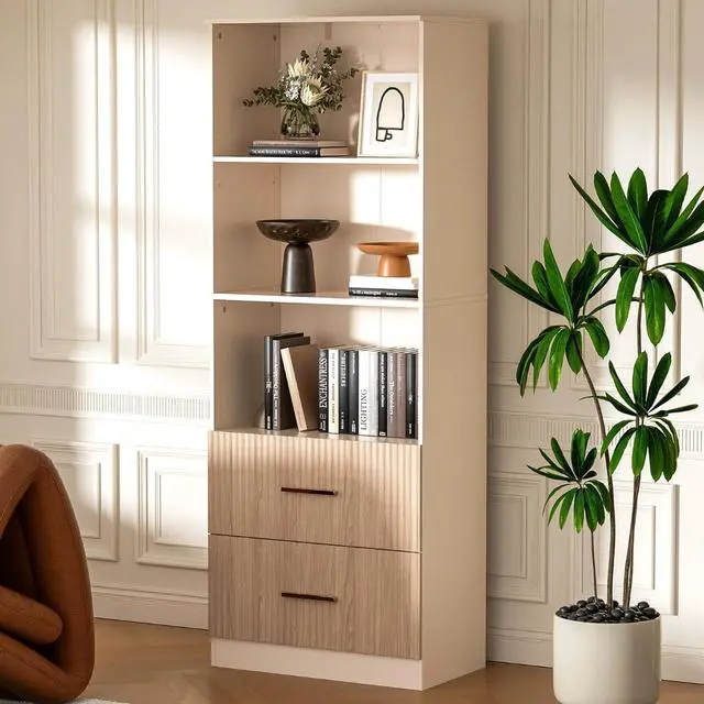 Main image of Oak Bookshelf with Drawers, 63" Tall Book Shelf with Storage, 3 Shelf Bookcase with Adjustable Shelf, 3 Tier Modern Book Shelf, Open Shelves Bookcase, Unique Bookshelf Home Office, Oak