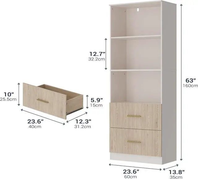 Alt view image 2 of 7 - Oak Bookshelf with Drawers, 63" Tall Book Shelf with Storage, 3 Shelf Bookcase with Adjustable Shelf, 3 Tier Modern Book Shelf, Open Shelves Bookcase, Unique Bookshelf Home Office, Oak