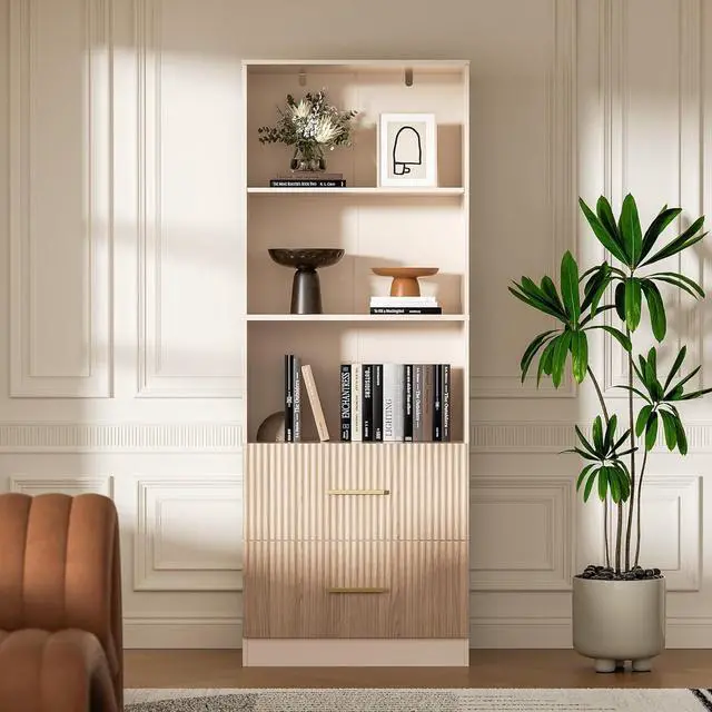 Alt view image 6 of 7 - Oak Bookshelf with Drawers, 63" Tall Book Shelf with Storage, 3 Shelf Bookcase with Adjustable Shelf, 3 Tier Modern Book Shelf, Open Shelves Bookcase, Unique Bookshelf Home Office, Oak