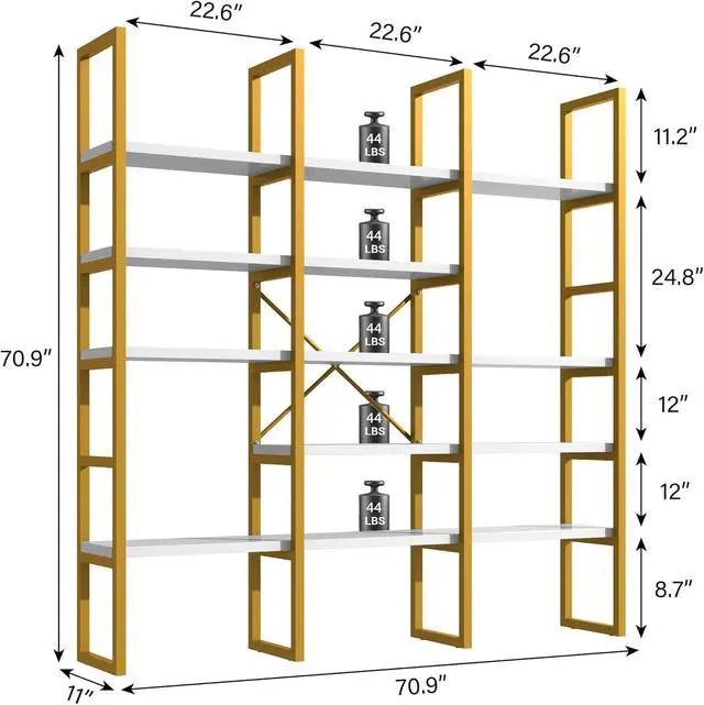 Alt view image 2 of 7 - Large Bookshelf 5 Tiers, Triple Wide Geometric Bookcase, 71 Inches Tall Industrial Book Shelves Etagere Book Case, Sturdy Metal Frame, Freestanding Display Shelving Unit (Gold and White)