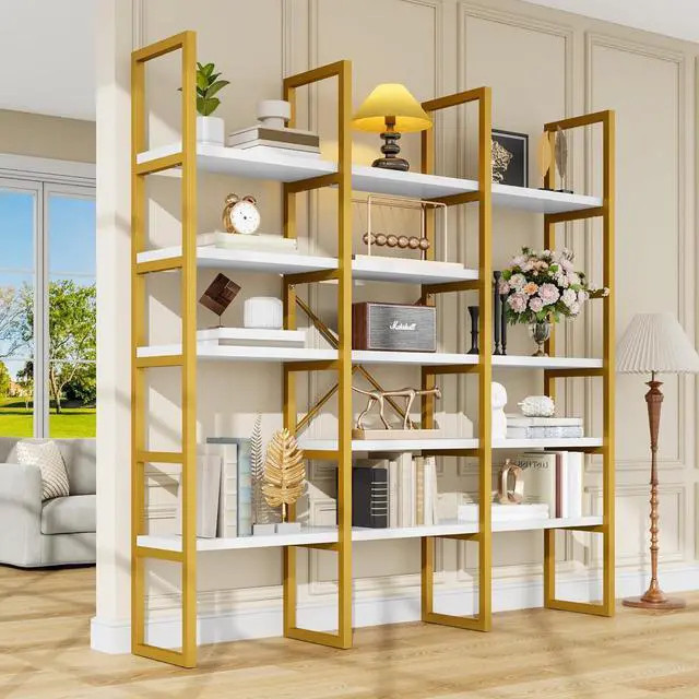 Main image of Large Bookshelf 5 Tiers, Triple Wide Geometric Bookcase, 71 Inches Tall Industrial Book Shelves Etagere Book Case, Sturdy Metal Frame, Freestanding Display Shelving Unit (Gold and White)