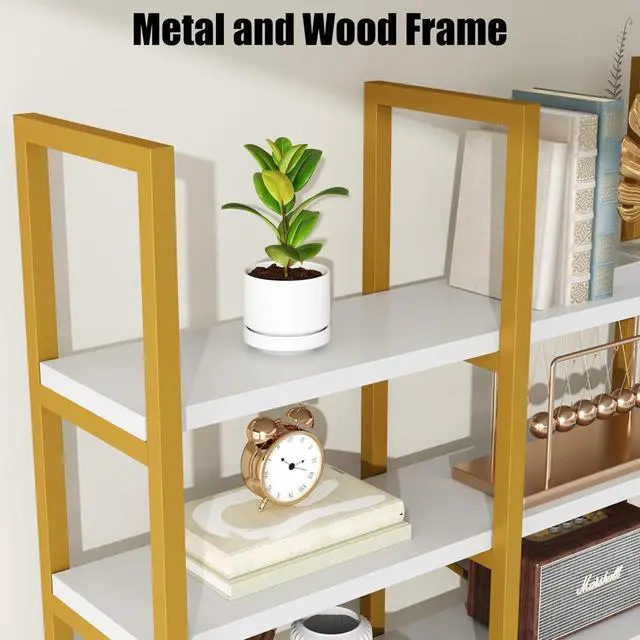 Alt view image 4 of 7 - Large Bookshelf 5 Tiers, Triple Wide Geometric Bookcase, 71 Inches Tall Industrial Book Shelves Etagere Book Case, Sturdy Metal Frame, Freestanding Display Shelving Unit (Gold and White)