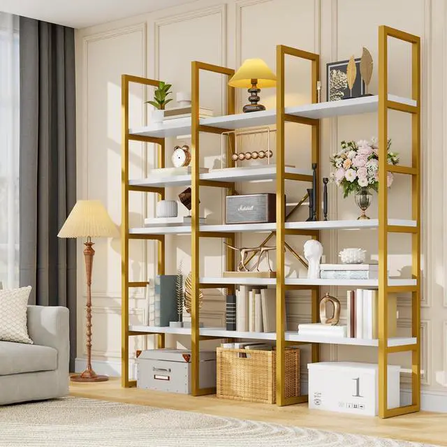 Alt view image 3 of 7 - Large Bookshelf 5 Tiers, Triple Wide Geometric Bookcase, 71 Inches Tall Industrial Book Shelves Etagere Book Case, Sturdy Metal Frame, Freestanding Display Shelving Unit (Gold and White)