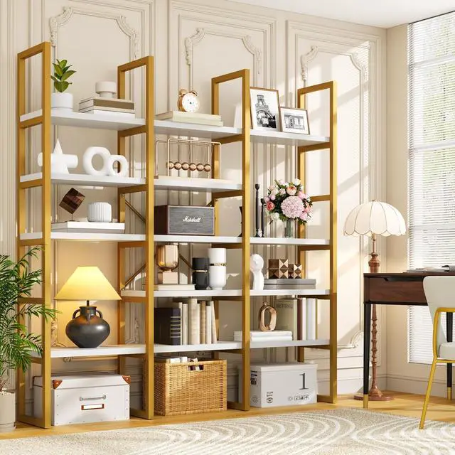 Alt view image 5 of 7 - Large Bookshelf 5 Tiers, Triple Wide Geometric Bookcase, 71 Inches Tall Industrial Book Shelves Etagere Book Case, Sturdy Metal Frame, Freestanding Display Shelving Unit (Gold and White)