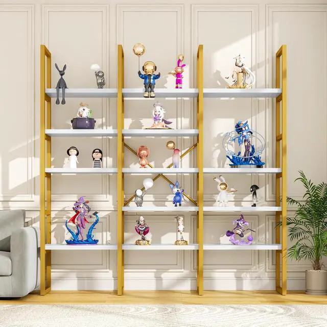 Alt view image 7 of 7 - Large Bookshelf 5 Tiers, Triple Wide Geometric Bookcase, 71 Inches Tall Industrial Book Shelves Etagere Book Case, Sturdy Metal Frame, Freestanding Display Shelving Unit (Gold and White)