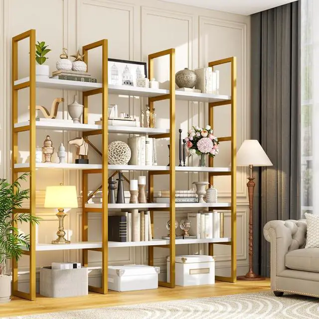 Alt view image 6 of 7 - Large Bookshelf 5 Tiers, Triple Wide Geometric Bookcase, 71 Inches Tall Industrial Book Shelves Etagere Book Case, Sturdy Metal Frame, Freestanding Display Shelving Unit (Gold and White)