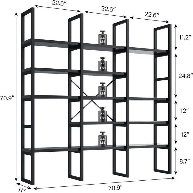 Alt view image 2 of 7 - Large Bookshelf 5 Tiers, Triple Wide Geometric Bookcase, 71 Inches Tall Industrial Book Shelves Etagere Book Case, Sturdy Metal Frame, Freestanding Display Shelving Unit (Black)