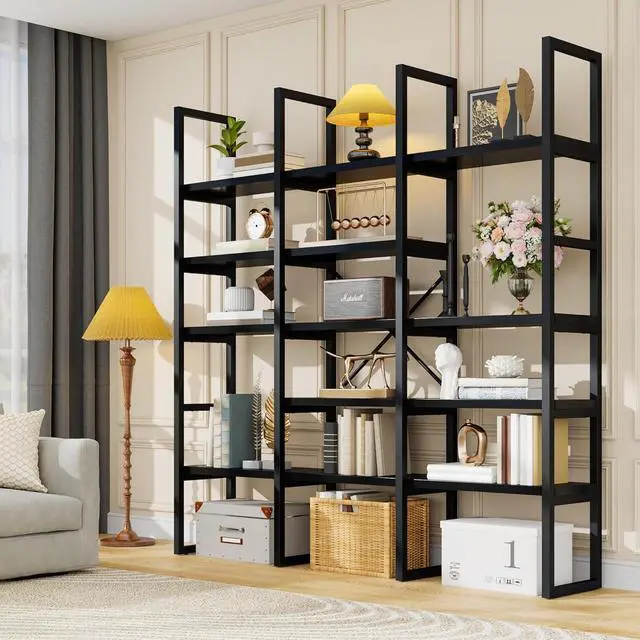 Alt view image 3 of 7 - Large Bookshelf 5 Tiers, Triple Wide Geometric Bookcase, 71 Inches Tall Industrial Book Shelves Etagere Book Case, Sturdy Metal Frame, Freestanding Display Shelving Unit (Black)