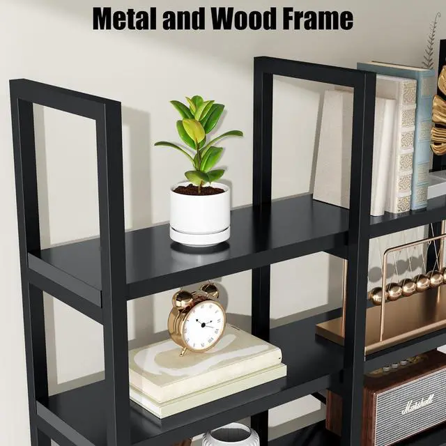 Alt view image 4 of 7 - Large Bookshelf 5 Tiers, Triple Wide Geometric Bookcase, 71 Inches Tall Industrial Book Shelves Etagere Book Case, Sturdy Metal Frame, Freestanding Display Shelving Unit (Black)