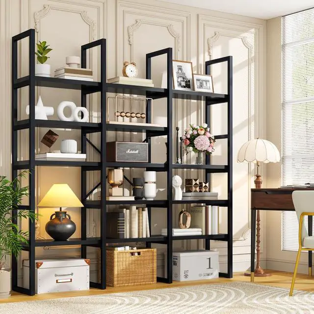 Alt view image 5 of 7 - Large Bookshelf 5 Tiers, Triple Wide Geometric Bookcase, 71 Inches Tall Industrial Book Shelves Etagere Book Case, Sturdy Metal Frame, Freestanding Display Shelving Unit (Black)