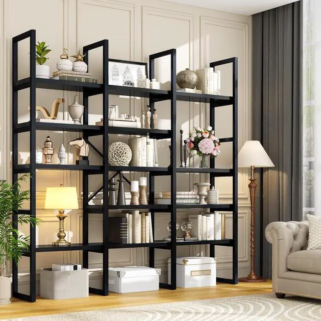 Alt view image 6 of 7 - Large Bookshelf 5 Tiers, Triple Wide Geometric Bookcase, 71 Inches Tall Industrial Book Shelves Etagere Book Case, Sturdy Metal Frame, Freestanding Display Shelving Unit (Black)