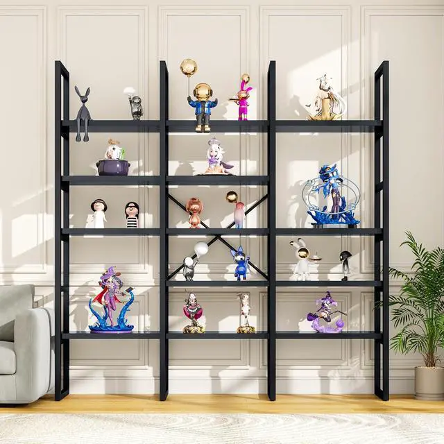 Alt view image 7 of 7 - Large Bookshelf 5 Tiers, Triple Wide Geometric Bookcase, 71 Inches Tall Industrial Book Shelves Etagere Book Case, Sturdy Metal Frame, Freestanding Display Shelving Unit (Black)