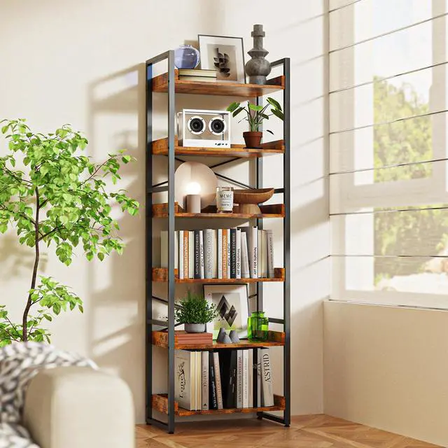 Alt view image 2 of 7 - 6-Tier Bookshelf, 6 Tier Industrial Bookcase, Standing Bookshelves, Tall Display Rack with Steel Frame for Living Room, Bedroom, 11.8 x 20 x 69 Inches, Rustic Brown