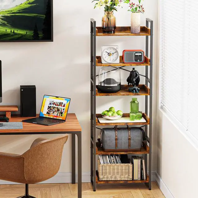 Alt view image 4 of 7 - 6-Tier Bookshelf, 6 Tier Industrial Bookcase, Standing Bookshelves, Tall Display Rack with Steel Frame for Living Room, Bedroom, 11.8 x 20 x 69 Inches, Rustic Brown