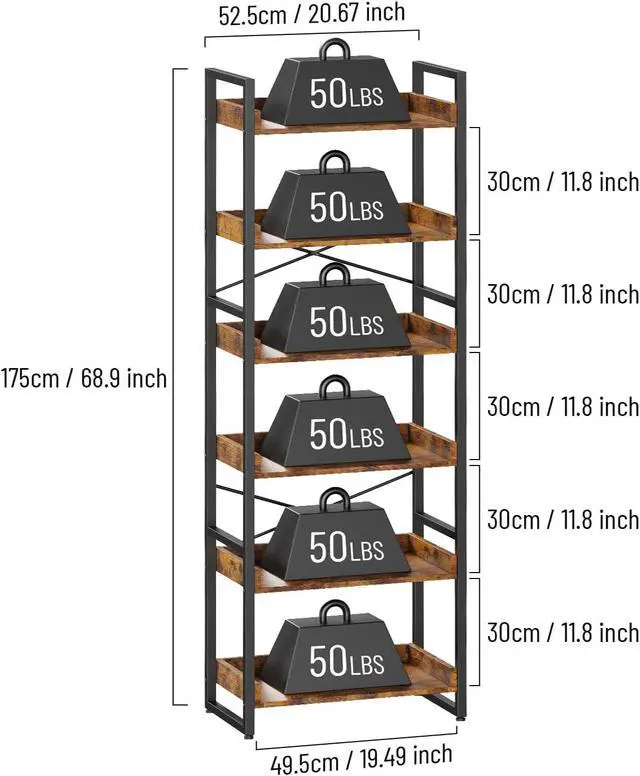 Alt view image 3 of 7 - 6-Tier Bookshelf, 6 Tier Industrial Bookcase, Standing Bookshelves, Tall Display Rack with Steel Frame for Living Room, Bedroom, 11.8 x 20 x 69 Inches, Rustic Brown