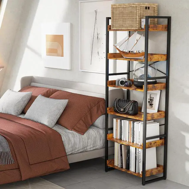 Alt view image 7 of 7 - 6-Tier Bookshelf, 6 Tier Industrial Bookcase, Standing Bookshelves, Tall Display Rack with Steel Frame for Living Room, Bedroom, 11.8 x 20 x 69 Inches, Rustic Brown