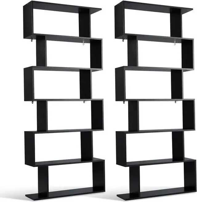 Main image of 6-Tier Geometric Bookcase, Modern S-Shaped Storage Display Bookshelf for Living Room, Anti-Toppling Device, Home Office Wooden 6 Shelf Open Bookcase (2, Black)