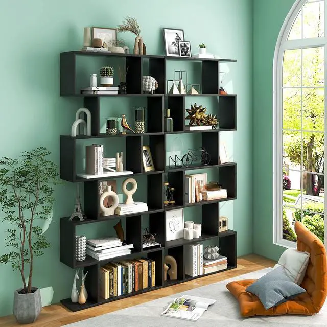 Alt view image 2 of 7 - 6-Tier Geometric Bookcase, Modern S-Shaped Storage Display Bookshelf for Living Room, Anti-Toppling Device, Home Office Wooden 6 Shelf Open Bookcase (2, Black)
