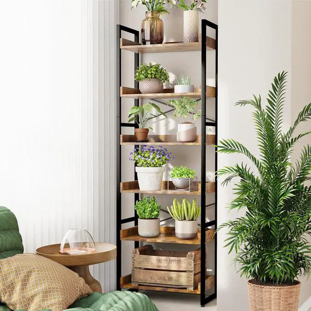 Alt view image 5 of 7 - 6-Tier Bookshelf, 6 Tier Industrial Bookcase, Standing Bookshelves, Tall Display Rack with Steel Frame for Living Room, Bedroom, 11.8 x 20 x 69 Inches, Rustic Brown