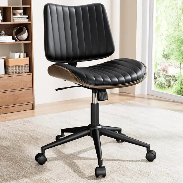 Main image of Modern Walnut Armless Office Chair with Wheels - Ergonomic Curved Back Adjustable Swivel Chair for Small Space, Silent Rolling Casters & 330lbs Capacity, Perfect for Home Office/Meeting Room, Black