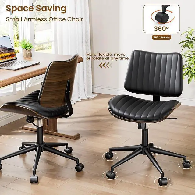 Alt view image 6 of 7 - Modern Walnut Armless Office Chair with Wheels - Ergonomic Curved Back Adjustable Swivel Chair for Small Space, Silent Rolling Casters & 330lbs Capacity, Perfect for Home Office/Meeting Room, Black