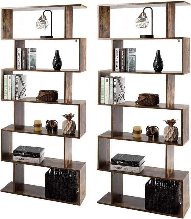 Main image of 6-Tier Geometric Bookcase, Modern S-Shaped Storage Display Bookshelf for Living Room, Anti-Toppling Device, Home Office Wooden 6 Shelf Open Bookcase (2, Coffee)