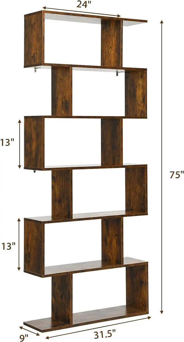 Alt view image 3 of 7 - 6-Tier Geometric Bookcase, Modern S-Shaped Storage Display Bookshelf for Living Room, Anti-Toppling Device, Home Office Wooden 6 Shelf Open Bookcase (2, Coffee)