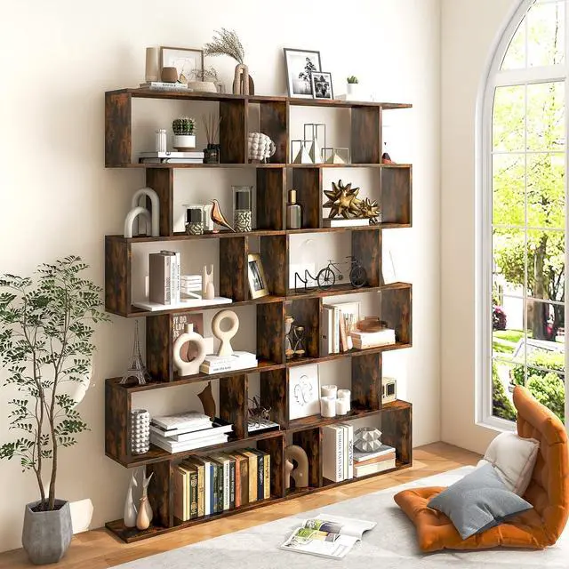 Alt view image 2 of 7 - 6-Tier Geometric Bookcase, Modern S-Shaped Storage Display Bookshelf for Living Room, Anti-Toppling Device, Home Office Wooden 6 Shelf Open Bookcase (2, Coffee)