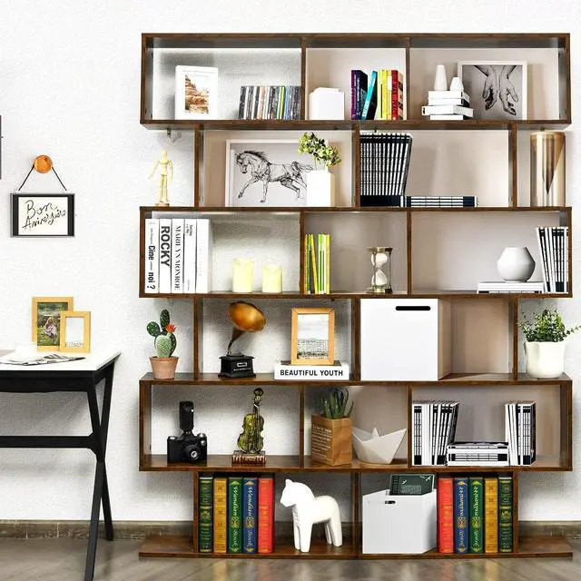 Alt view image 4 of 7 - 6-Tier Geometric Bookcase, Modern S-Shaped Storage Display Bookshelf for Living Room, Anti-Toppling Device, Home Office Wooden 6 Shelf Open Bookcase (2, Coffee)