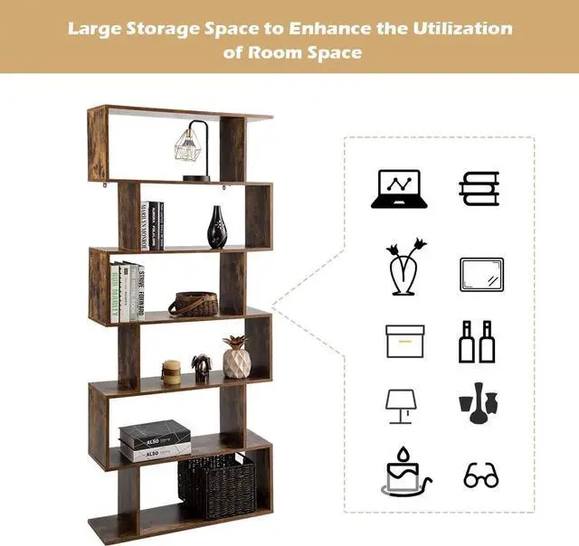 Alt view image 6 of 7 - 6-Tier Geometric Bookcase, Modern S-Shaped Storage Display Bookshelf for Living Room, Anti-Toppling Device, Home Office Wooden 6 Shelf Open Bookcase (2, Coffee)