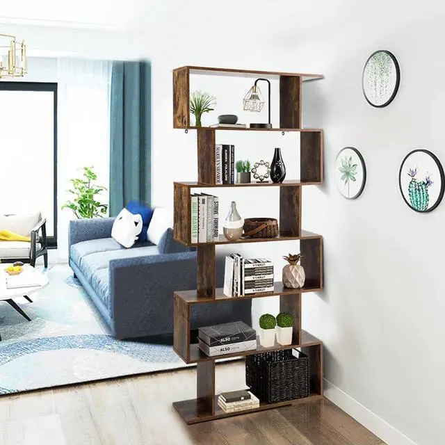 Alt view image 5 of 7 - 6-Tier Geometric Bookcase, Modern S-Shaped Storage Display Bookshelf for Living Room, Anti-Toppling Device, Home Office Wooden 6 Shelf Open Bookcase (2, Coffee)
