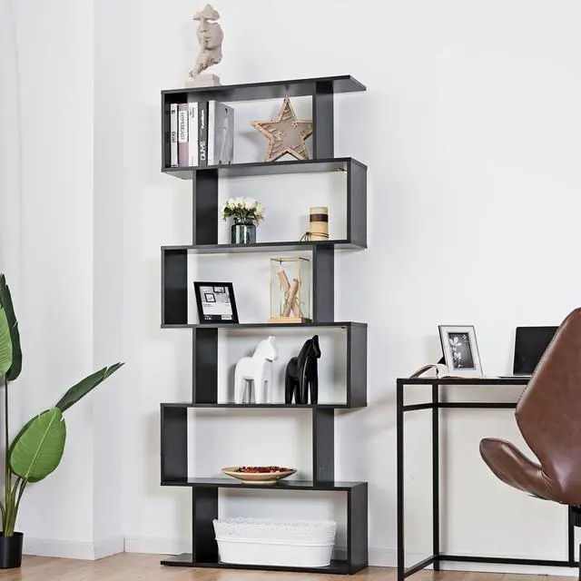 Alt view image 2 of 7 - 6-Tier Geometric Bookcase, Modern S-Shaped Storage Display Bookshelf for Living Room, Anti-Toppling Device, Home Office Wooden 6 Shelf Open Bookcase (1, Black)
