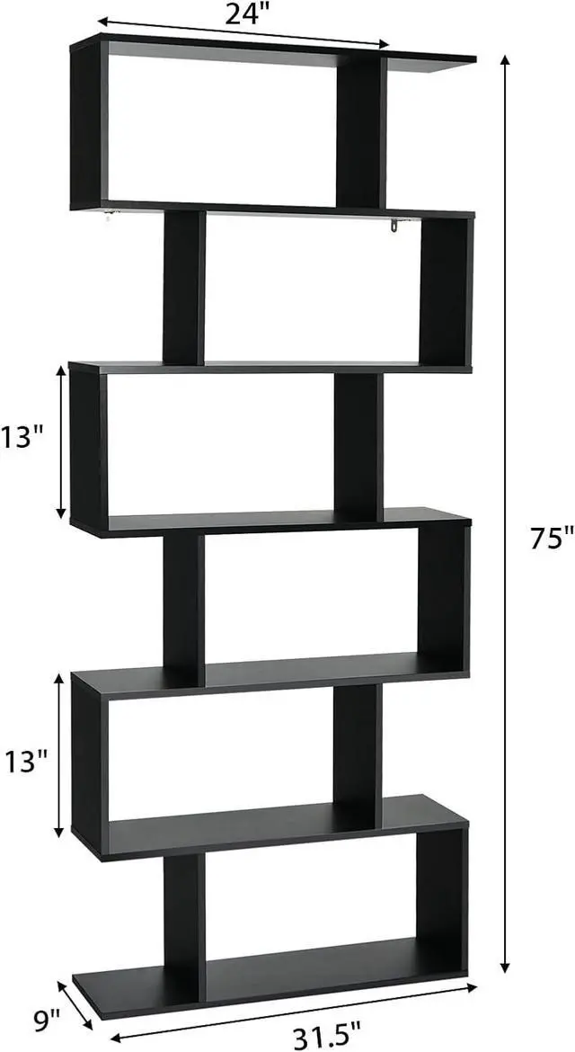 Alt view image 3 of 7 - 6-Tier Geometric Bookcase, Modern S-Shaped Storage Display Bookshelf for Living Room, Anti-Toppling Device, Home Office Wooden 6 Shelf Open Bookcase (1, Black)