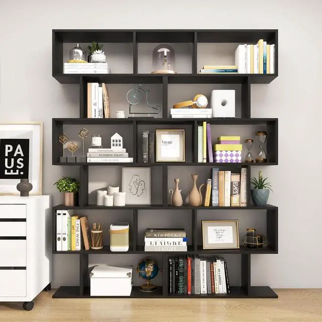 Alt view image 4 of 7 - 6-Tier Geometric Bookcase, Modern S-Shaped Storage Display Bookshelf for Living Room, Anti-Toppling Device, Home Office Wooden 6 Shelf Open Bookcase (1, Black)