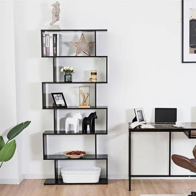 Alt view image 5 of 7 - 6-Tier Geometric Bookcase, Modern S-Shaped Storage Display Bookshelf for Living Room, Anti-Toppling Device, Home Office Wooden 6 Shelf Open Bookcase (1, Black)