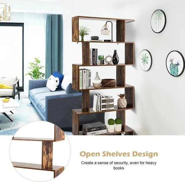 Alt view image 7 of 7 - 6-Tier Geometric Bookcase, Modern S-Shaped Storage Display Bookshelf for Living Room, Anti-Toppling Device, Home Office Wooden 6 Shelf Open Bookcase (2, Coffee)