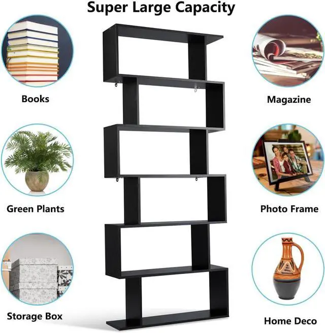 Alt view image 6 of 7 - 6-Tier Geometric Bookcase, Modern S-Shaped Storage Display Bookshelf for Living Room, Anti-Toppling Device, Home Office Wooden 6 Shelf Open Bookcase (1, Black)